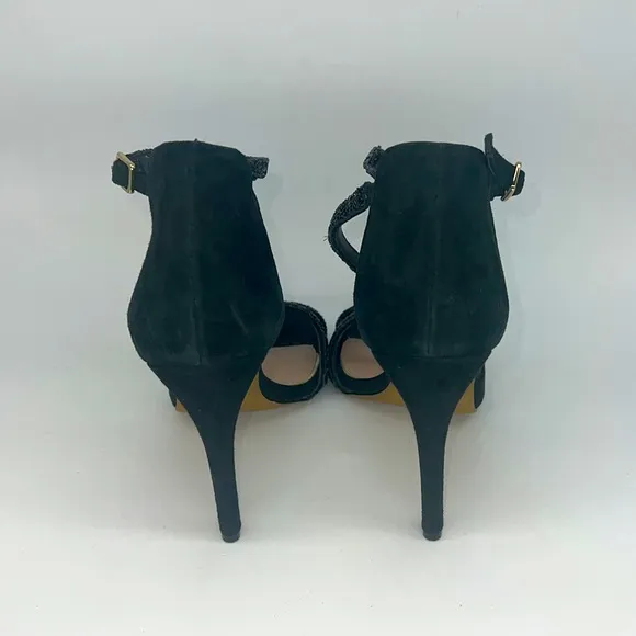 Betsey Johnson Glammer Black Stiletto Suede Leather &amp; Beaded Peep Toe Sandals 9