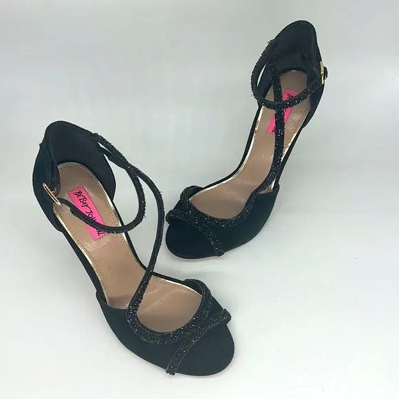 Betsey Johnson Glammer Black Stiletto Suede Leather &amp; Beaded Peep Toe Sandals 9