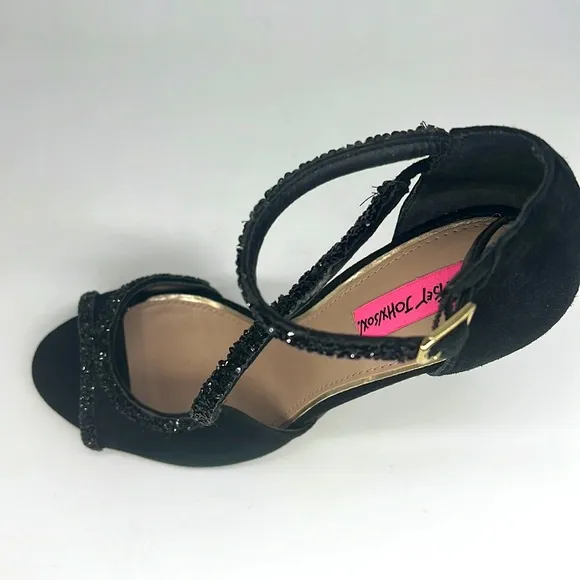 Betsey Johnson Glammer Black Stiletto Suede Leather &amp; Beaded Peep Toe Sandals 9