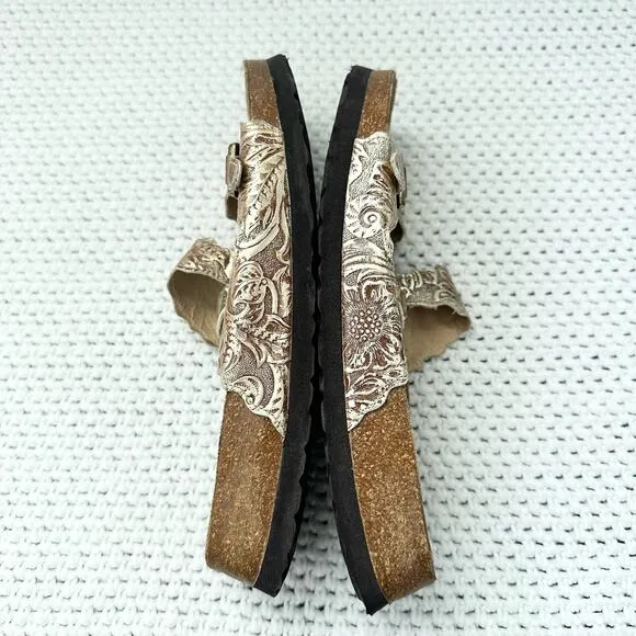 Betula Birkenstock Gold Floral Double Strap Jeweled Buckle Slide Sandals 38 7