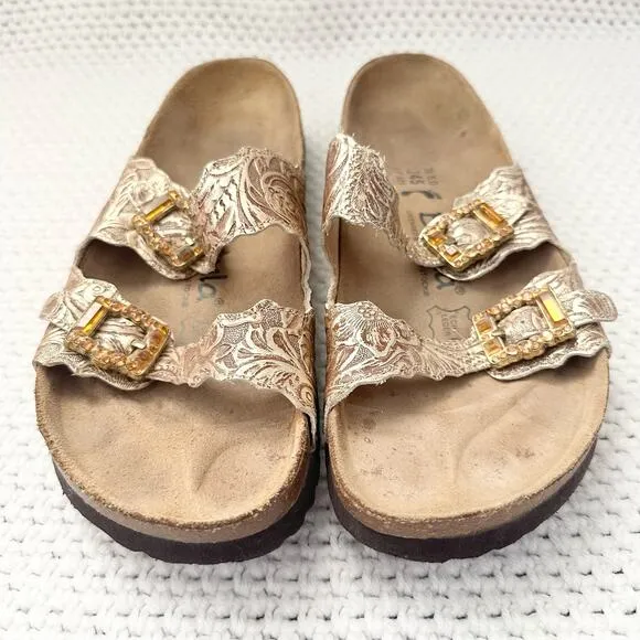Betula Birkenstock Gold Floral Double Strap Jeweled Buckle Slide Sandals 38 7