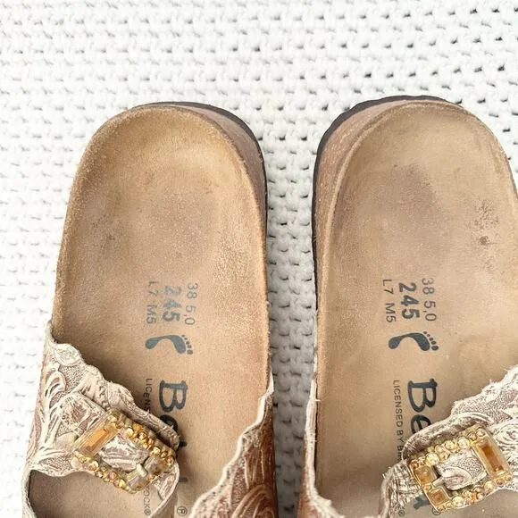 Betula Birkenstock Gold Floral Double Strap Jeweled Buckle Slide Sandals 38 7