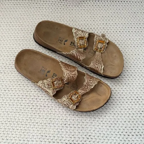 Betula Birkenstock Gold Floral Double Strap Jeweled Buckle Slide Sandals 38 7