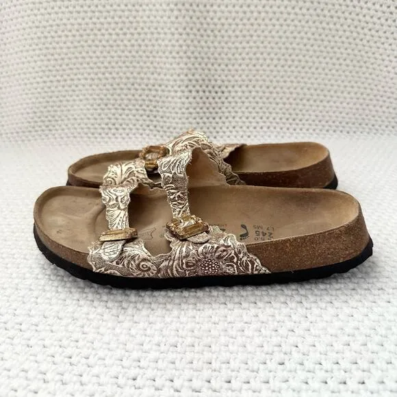 Betula Birkenstock Gold Floral Double Strap Jeweled Buckle Slide Sandals 38 7