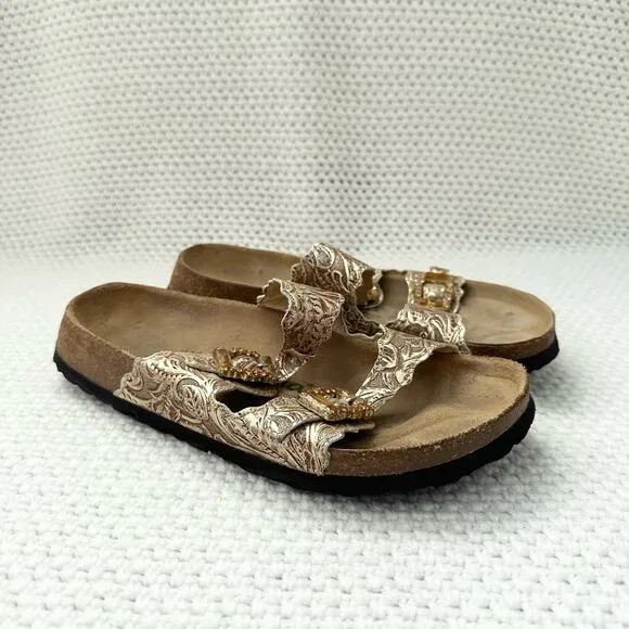 Betula Birkenstock Gold Floral Double Strap Jeweled Buckle Slide Sandals 38 7