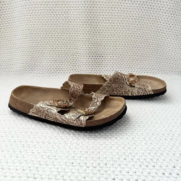 Betula Birkenstock Gold Floral Double Strap Jeweled Buckle Slide Sandals 38 7