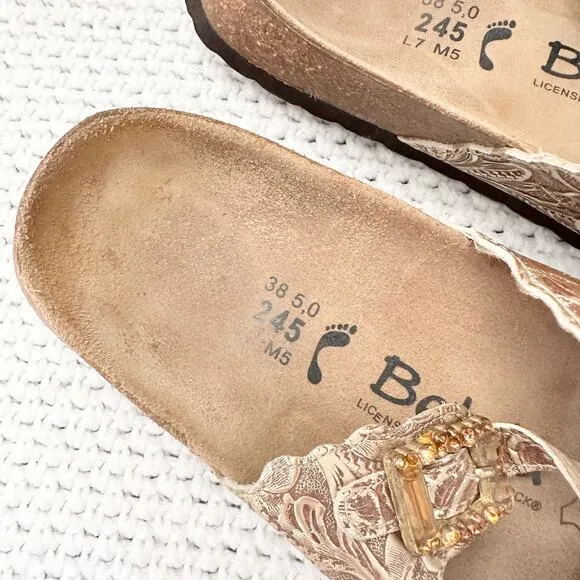 Betula Birkenstock Gold Floral Double Strap Jeweled Buckle Slide Sandals 38 7