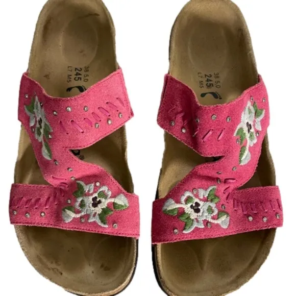 Betula by Birkenstock Zara Pink Suede Floral Sandals Size 7