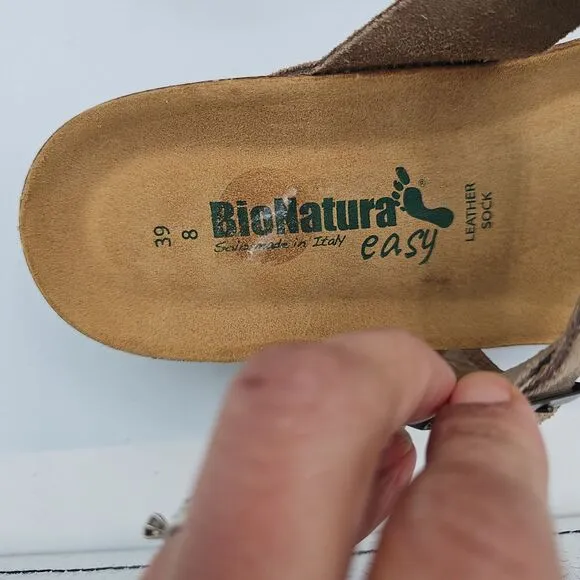 BioNatura Tan Suede Toe Loop Sandals Adjustable Strap Cork Sole Size 8