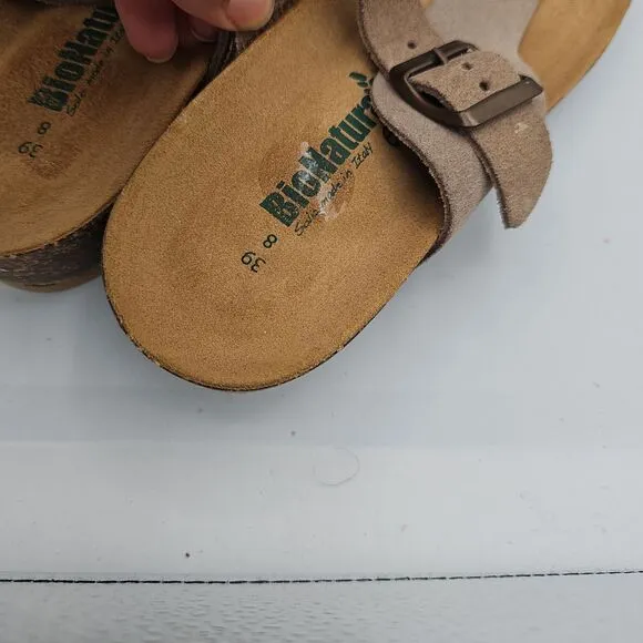 BioNatura Tan Suede Toe Loop Sandals Adjustable Strap Cork Sole Size 8