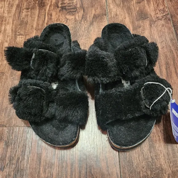 Birkenstock Arizona Big Buckle Teddy Womens EU 37 US 6 Black Sandals NIB