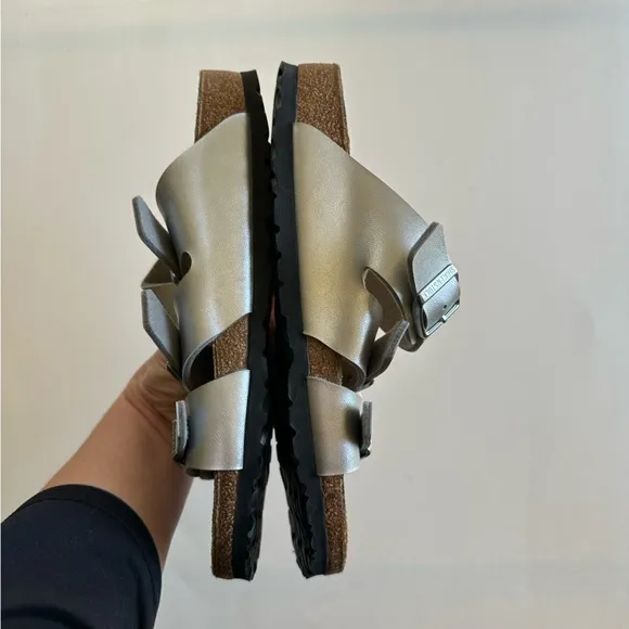 Birkenstock Florida Birko Flor Metallic Silver Slip On Sandals