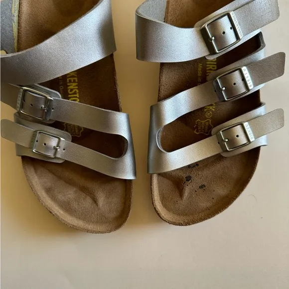 Birkenstock Florida Birko Flor Metallic Silver Slip On Sandals