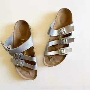 Birkenstock Florida Birko Flor Metallic Silver Slip On Sandals