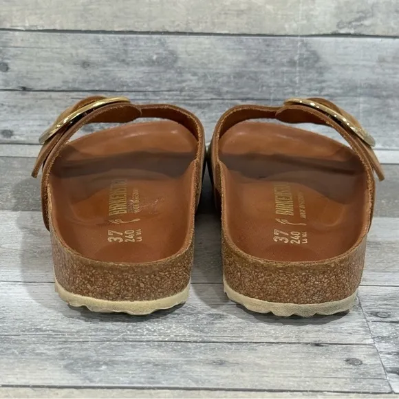 BIRKENSTOCK MADRID BIG BUCKLE SLIDE SANDALS COGNAC LEATHER SZ-6-6.5.US / 37.EU