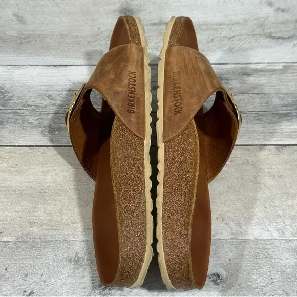 BIRKENSTOCK MADRID BIG BUCKLE SLIDE SANDALS COGNAC LEATHER SZ-6-6.5.US / 37.EU