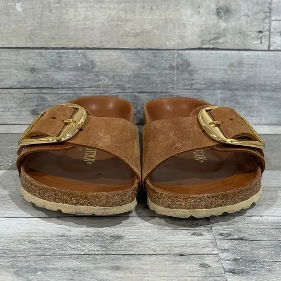 BIRKENSTOCK MADRID BIG BUCKLE SLIDE SANDALS COGNAC LEATHER SZ-6-6.5.US / 37.EU