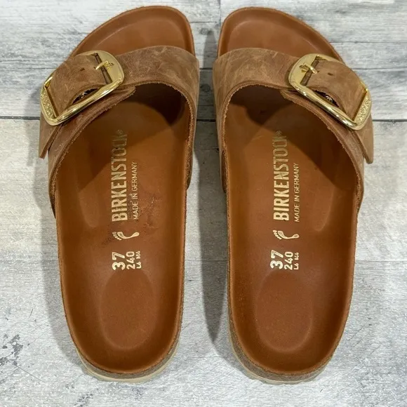BIRKENSTOCK MADRID BIG BUCKLE SLIDE SANDALS COGNAC LEATHER SZ-6-6.5.US / 37.EU