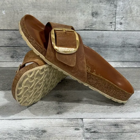 BIRKENSTOCK MADRID BIG BUCKLE SLIDE SANDALS COGNAC LEATHER SZ-6-6.5.US / 37.EU