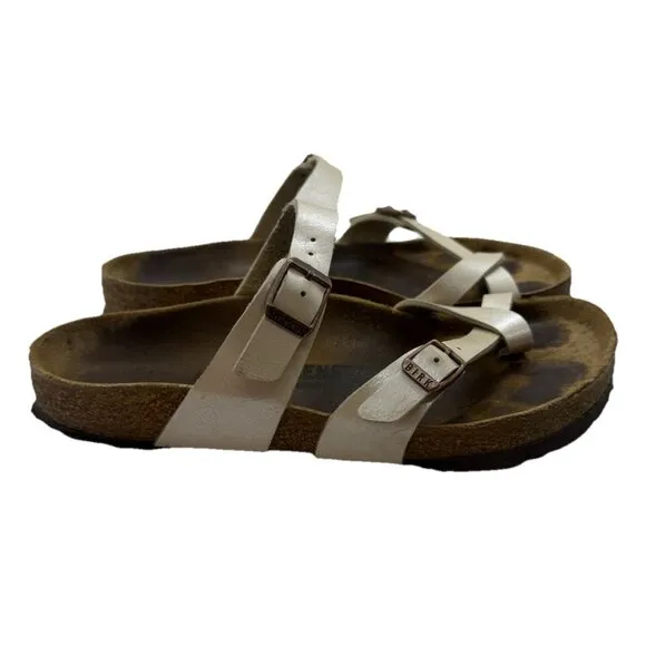 Birkenstock Mayari Pearl Cream Leather Sandals Toe Loop Women's Size EU 38 US 7