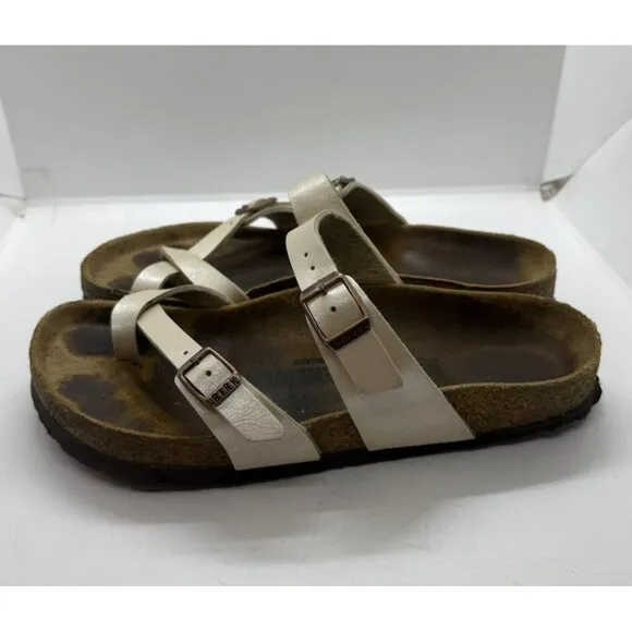Birkenstock Mayari Pearl Cream Leather Sandals Toe Loop Women's Size EU 38 US 7
