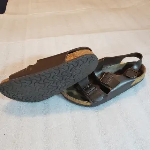 Birkenstock Men's 10 43 Milano Sandals Brown Leather SlingBack Summer Flaws
