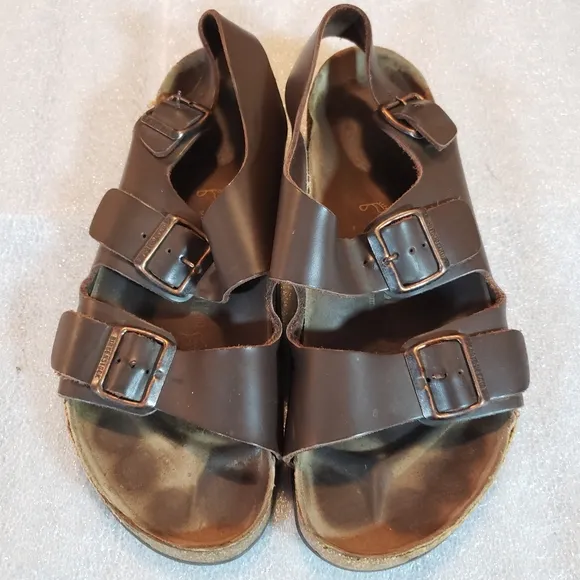 Birkenstock Men's 10 43 Milano Sandals Brown Leather SlingBack Summer Flaws