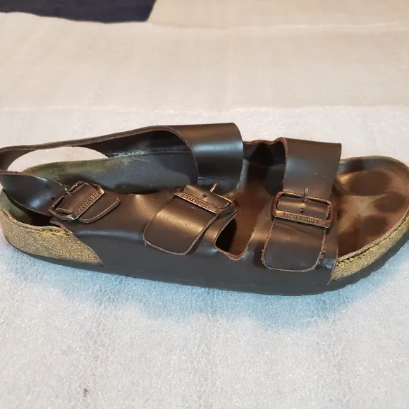 Birkenstock Men's 10 43 Milano Sandals Brown Leather SlingBack Summer Flaws