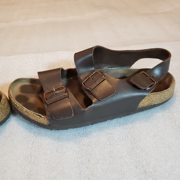 Birkenstock Men's 10 43 Milano Sandals Brown Leather SlingBack Summer Flaws