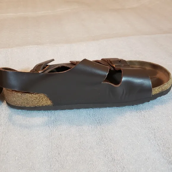 Birkenstock Men's 10 43 Milano Sandals Brown Leather SlingBack Summer Flaws