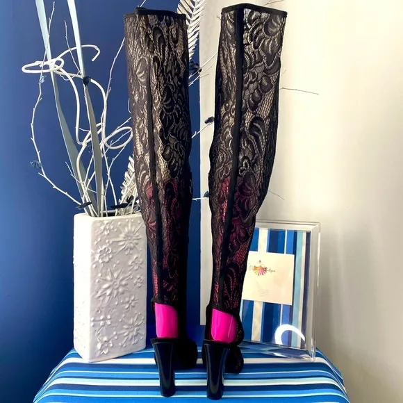 Black lace over the knee chunky high heel peep toe booties boots sandals sz 6