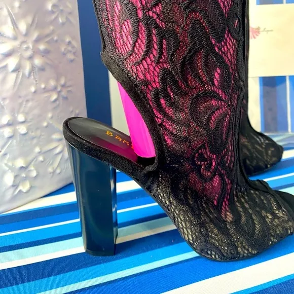 Black lace over the knee chunky high heel peep toe booties boots sandals sz 6