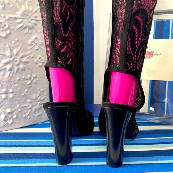 Black lace over the knee chunky high heel peep toe booties boots sandals sz 6