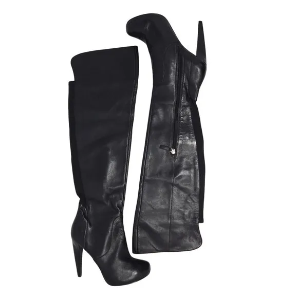 Black Leather Nine West Over The Knee Boots 8.5 M 5&quot; Heel Ultra High