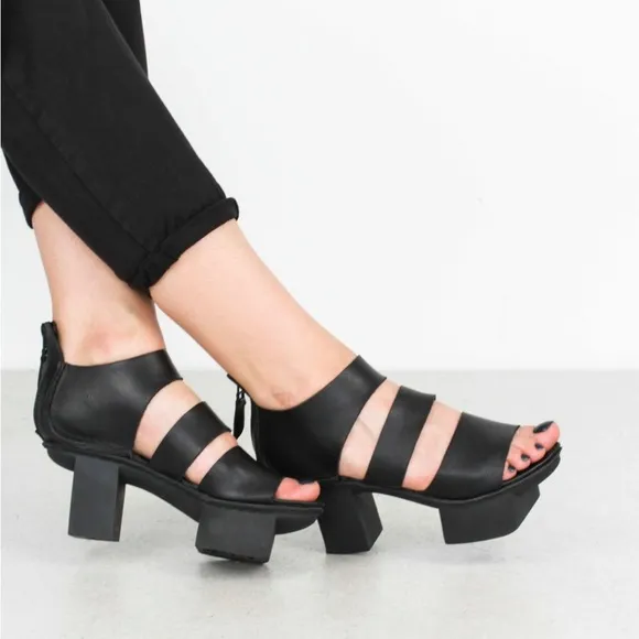 Black sandals with thick straps chunky heel and platform