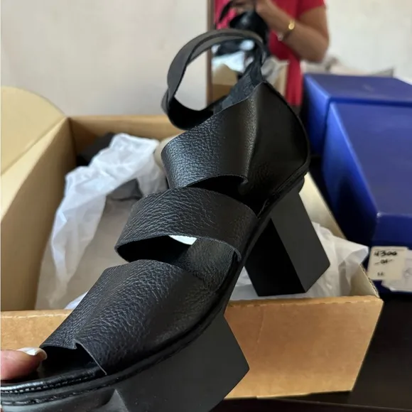 Black sandals with thick straps chunky heel and platform