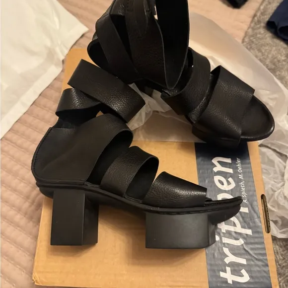 Black sandals with thick straps chunky heel and platform