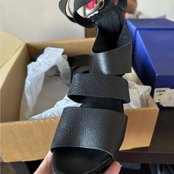Black sandals with thick straps chunky heel and platform