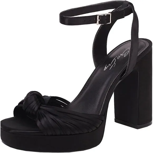 Black strappy platform chunk high heel ankle strap silk heels size 9.5