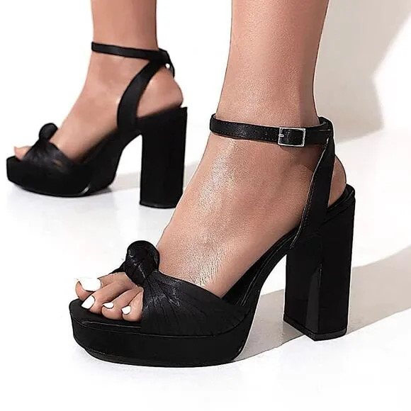Black strappy platform chunk high heel ankle strap silk heels size 9.5