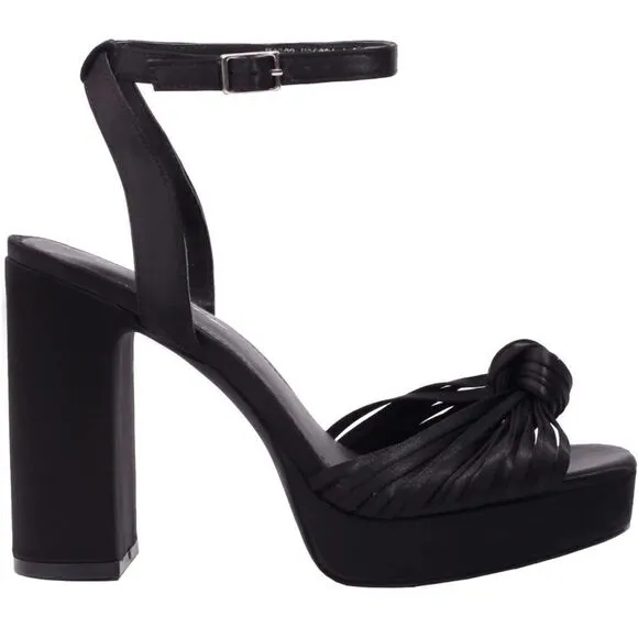 Black strappy platform chunk high heel ankle strap silk heels size 9.5