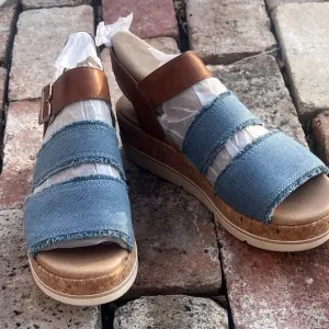 Blue and Tan Open-Toe Sandals with Denim Straps