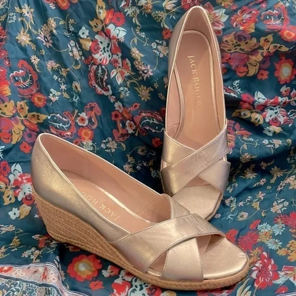 Brand New Jack Rogers Genuine Leather Palmer Crisscross Espadrille Wedge Sandals