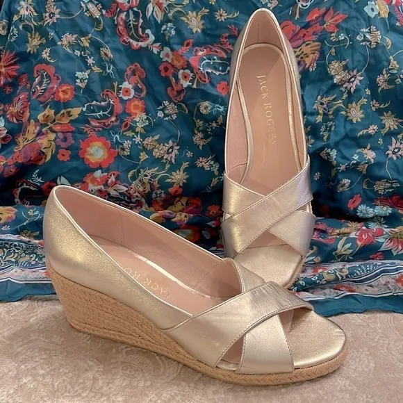 Brand New Jack Rogers Genuine Leather Palmer Crisscross Espadrille Wedge Sandals