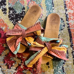 Brother Vellies Slides Multicolored Bow Handmade Leather Summer Size 9