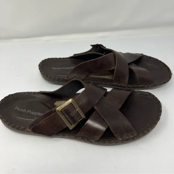 Brown Hush puppies, slip on sandals, HPO flex, men's size 9, foot comfort