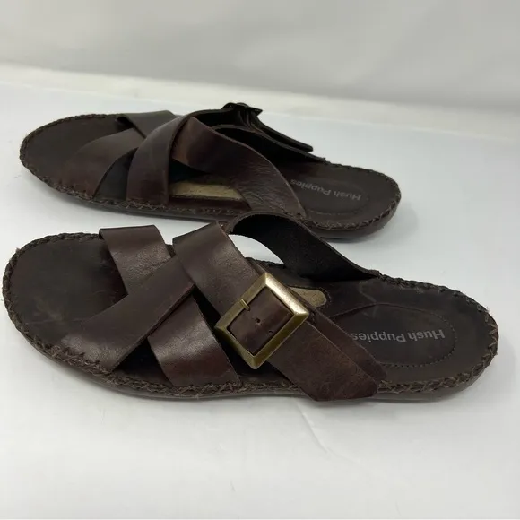 Brown Hush puppies, slip on sandals, HPO flex, men's size 9, foot comfort