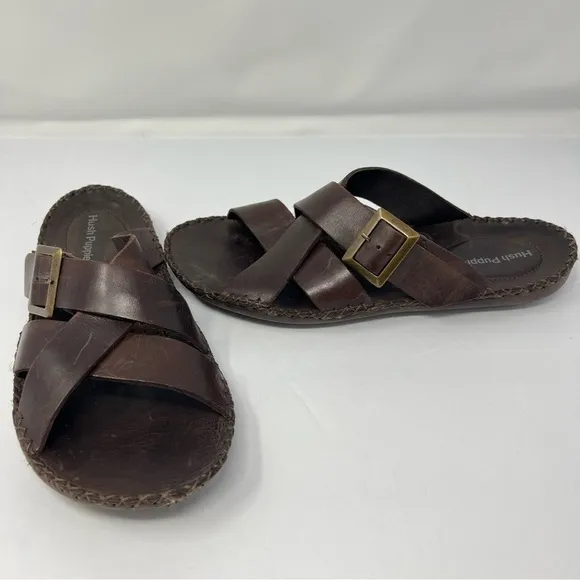 Brown Hush puppies, slip on sandals, HPO flex, men's size 9, foot comfort