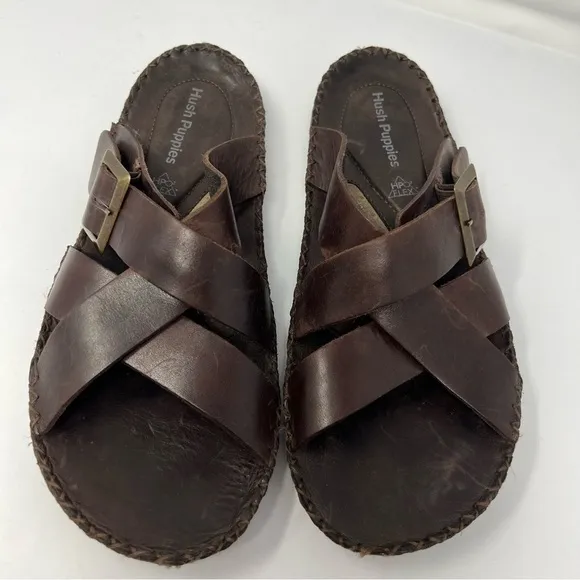 Brown Hush puppies, slip on sandals, HPO flex, men's size 9, foot comfort