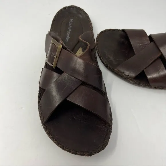 Brown Hush puppies, slip on sandals, HPO flex, men's size 9, foot comfort